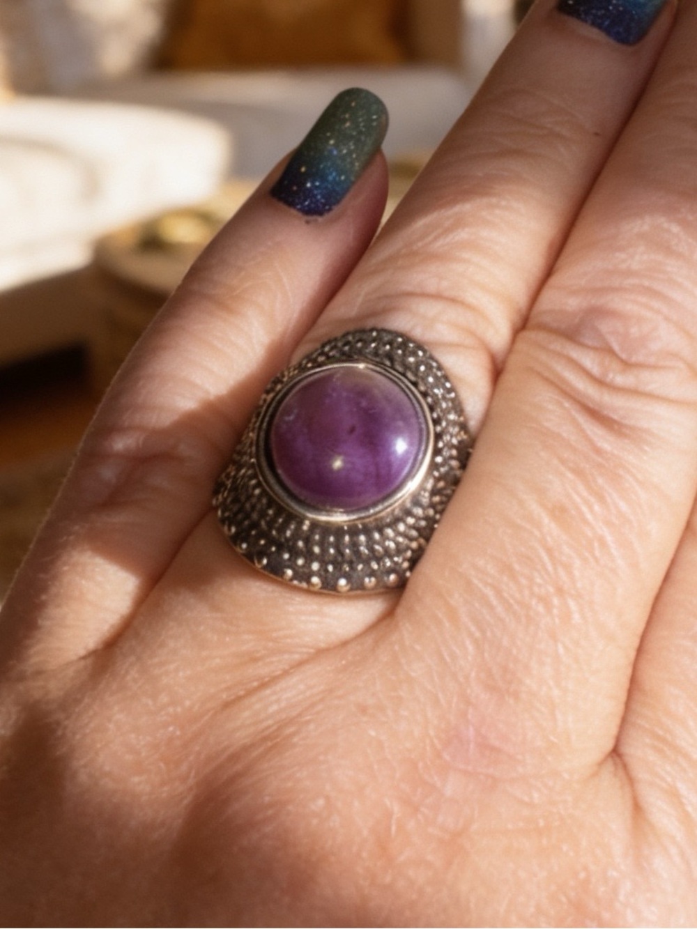 Silver Beaded Amethyst Cabochon Statement Ring, Size 8
